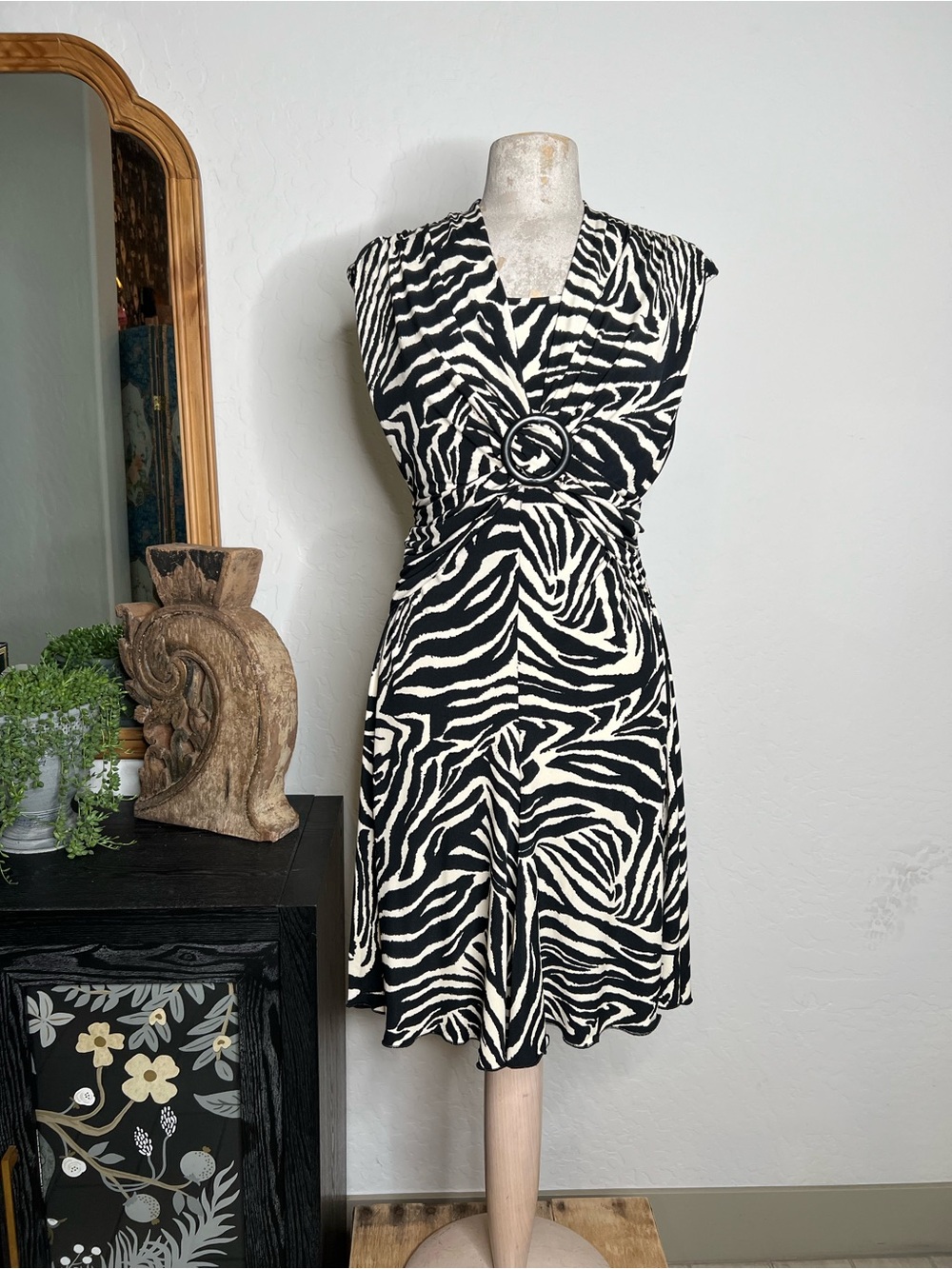 Zebra-Print Twist Front Midi Dress in Black & White